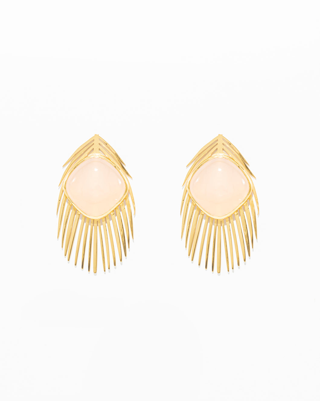 Brincos Pena de Pavão com Quartz Rosa