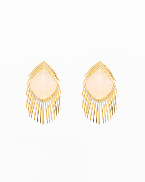 Brincos Pena de Pavão com Quartz Rosa